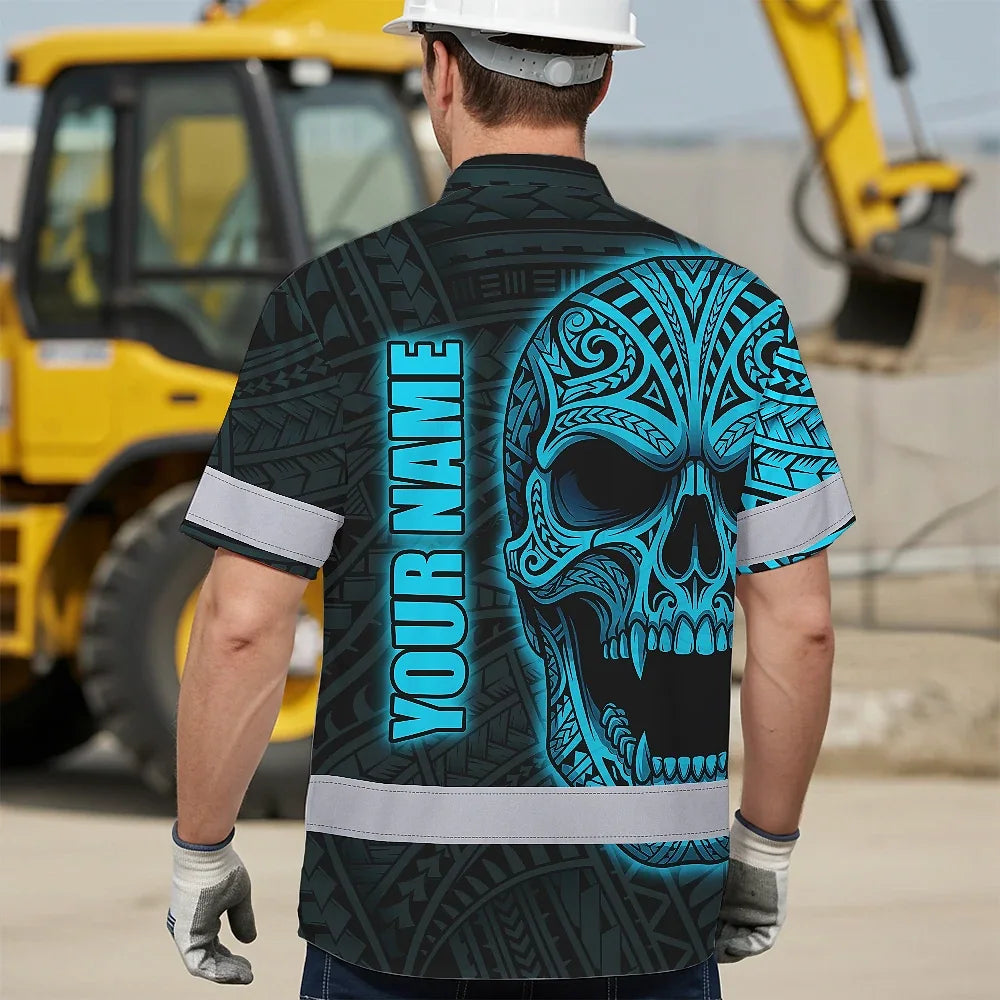 Hi Vis Hawaiian Shirt Reflective Tapes Blue Neon Polynesian Half Skull Custom Name Safety Workwear For Workers, Truckers, Operators
