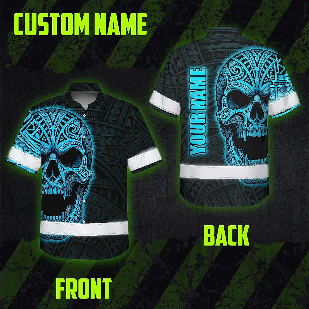 Hi Vis Hawaiian Shirt Reflective Tapes Blue Neon Polynesian Half Skull Custom Name Safety Workwear For Workers, Truckers, Operators