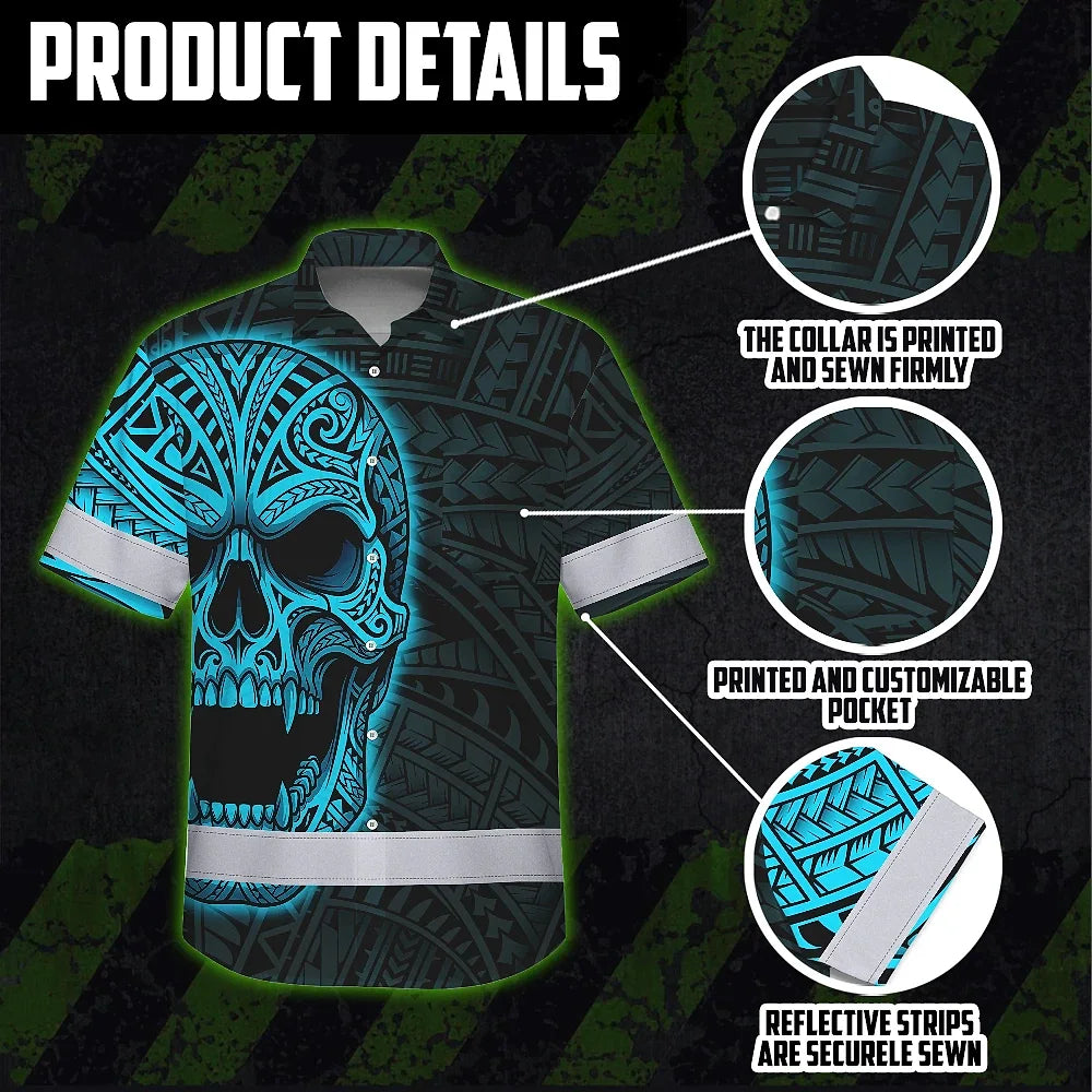 Hi Vis Hawaiian Shirt Reflective Tapes Blue Neon Polynesian Half Skull Custom Name Safety Workwear For Workers, Truckers, Operators
