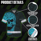 Hi Vis Hawaiian Shirt Reflective Tapes Blue Neon Polynesian Half Skull Custom Name Safety Workwear For Workers, Truckers, Operators