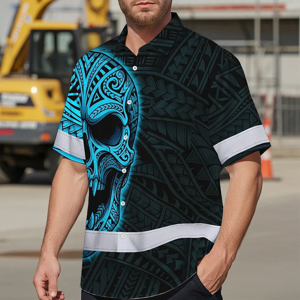 Hi Vis Hawaiian Shirt Reflective Tapes Blue Neon Polynesian Half Skull Custom Name Safety Workwear For Workers, Truckers, Operators