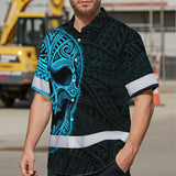 Hi Vis Hawaiian Shirt Reflective Tapes Blue Neon Polynesian Half Skull Custom Name Safety Workwear For Workers, Truckers, Operators