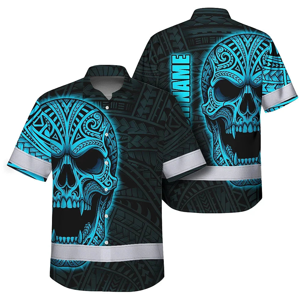 Hi Vis Hawaiian Shirt Reflective Tapes Blue Neon Polynesian Half Skull Custom Name Safety Workwear For Workers, Truckers, Operators