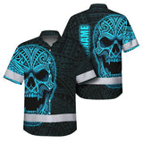 Hi Vis Hawaiian Shirt Reflective Tapes Blue Neon Polynesian Half Skull Custom Name Safety Workwear For Workers, Truckers, Operators