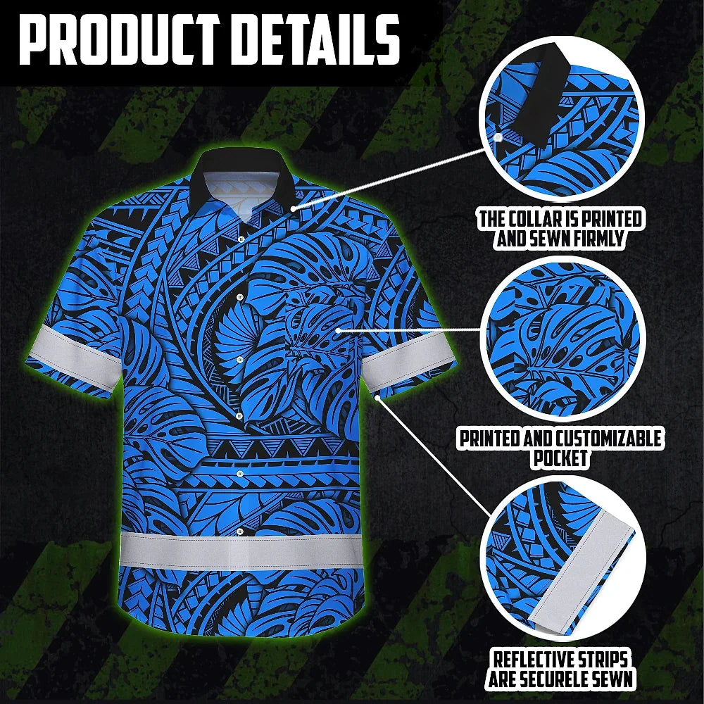 Hi Vis Hawaiian Shirt Reflective Tapes Blue Neon Polynesian Tribal Custom Name Safety Workwear For Workers, Truckers, Operators