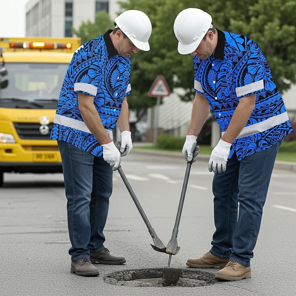 Hi Vis Hawaiian Shirt Reflective Tapes Blue Neon Polynesian Tribal Custom Name Safety Workwear For Workers, Truckers, Operators