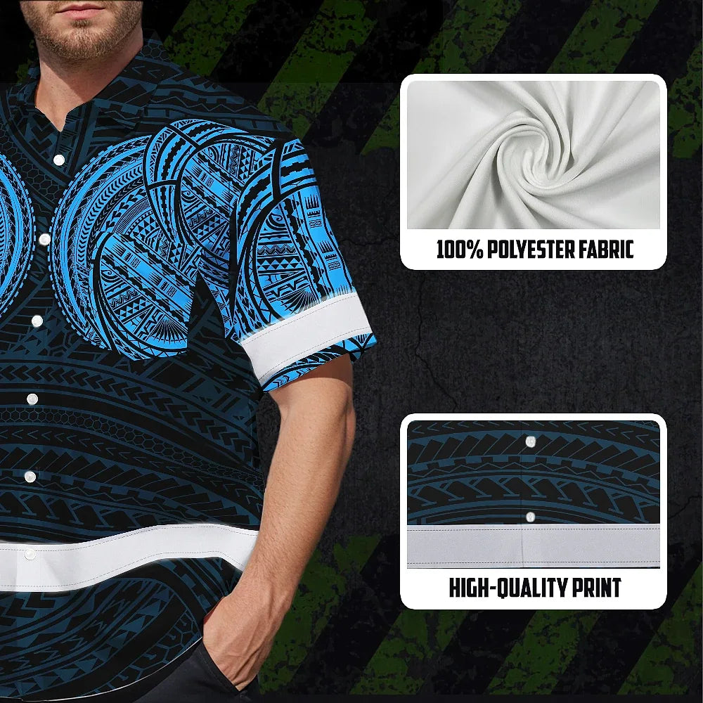 Hi Vis Hawaiian Shirt Reflective Tapes Blue Neon Polynesian Tribal Custom Name Safety Workwear For Workers, Truckers, Operators