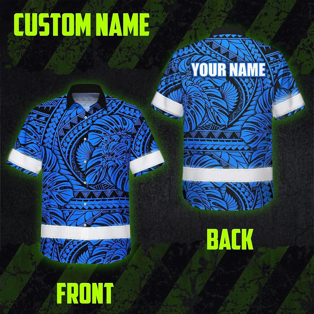 Hi Vis Hawaiian Shirt Reflective Tapes Blue Neon Polynesian Tribal Custom Name Safety Workwear For Workers, Truckers, Operators