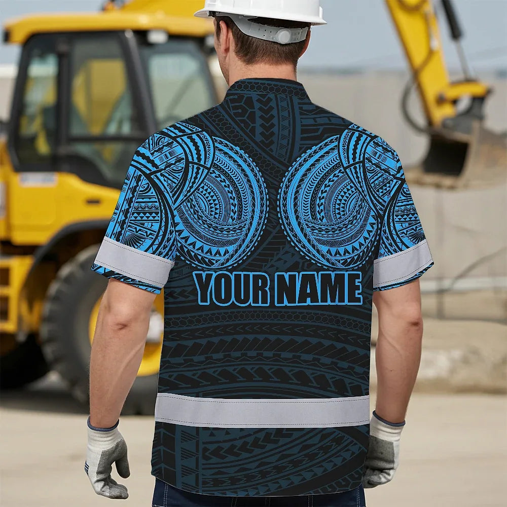 Hi Vis Hawaiian Shirt Reflective Tapes Blue Neon Polynesian Tribal Custom Name Safety Workwear For Workers, Truckers, Operators