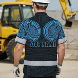 Hi Vis Hawaiian Shirt Reflective Tapes Blue Neon Polynesian Tribal Custom Name Safety Workwear For Workers, Truckers, Operators