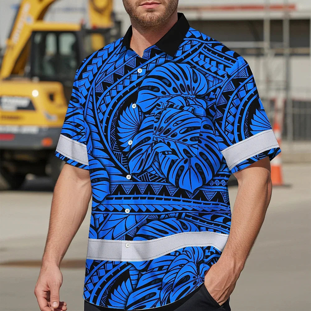 Hi Vis Hawaiian Shirt Reflective Tapes Blue Neon Polynesian Tribal Custom Name Safety Workwear For Workers, Truckers, Operators