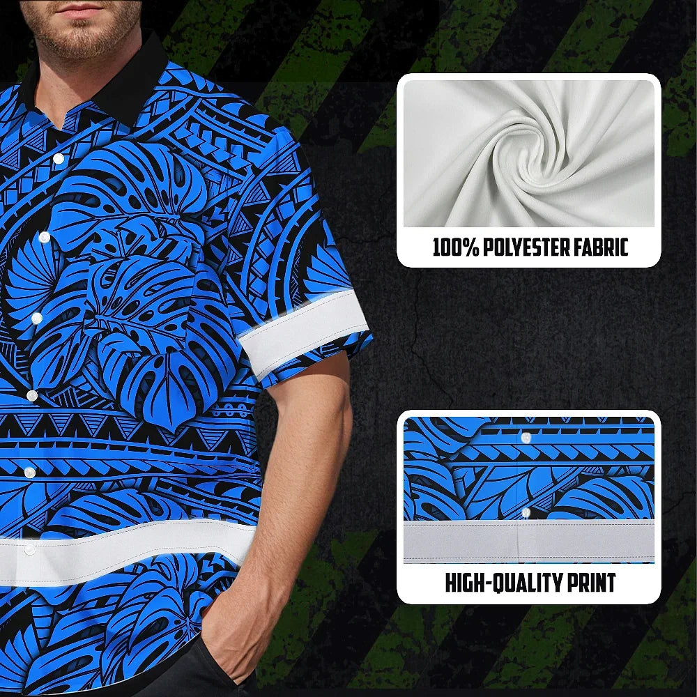 Hi Vis Hawaiian Shirt Reflective Tapes Blue Neon Polynesian Tribal Custom Name Safety Workwear For Workers, Truckers, Operators