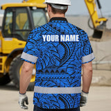 Hi Vis Hawaiian Shirt Reflective Tapes Blue Neon Polynesian Tribal Custom Name Safety Workwear For Workers, Truckers, Operators
