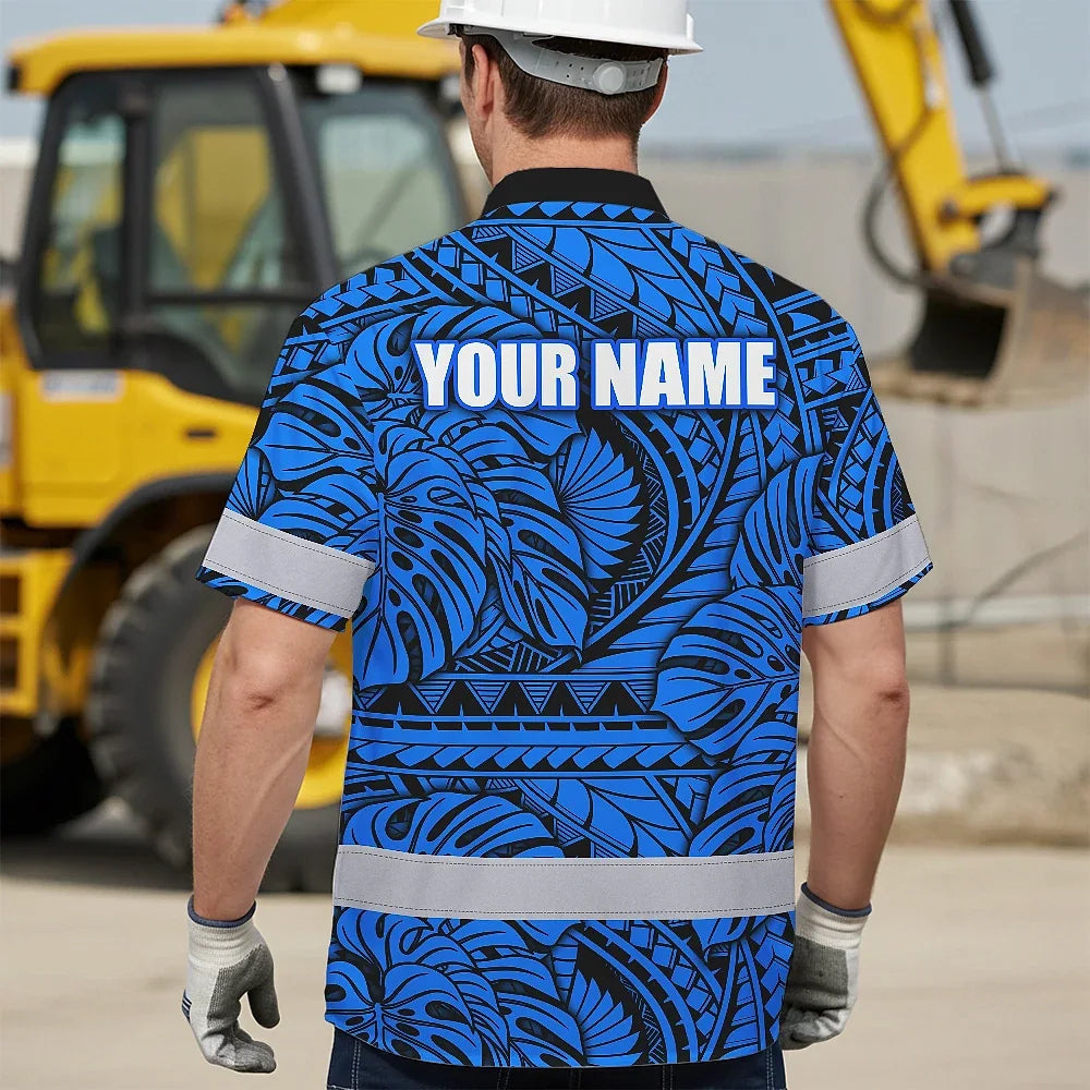 Hi Vis Hawaiian Shirt Reflective Tapes Blue Neon Polynesian Tribal Custom Name Safety Workwear For Workers, Truckers, Operators