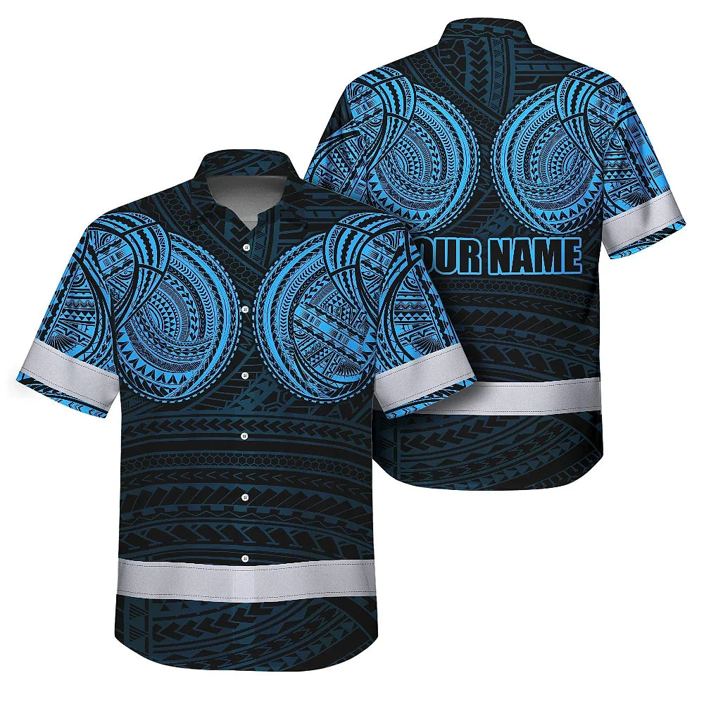 Hi Vis Hawaiian Shirt Reflective Tapes Blue Neon Polynesian Tribal Custom Name Safety Workwear For Workers, Truckers, Operators