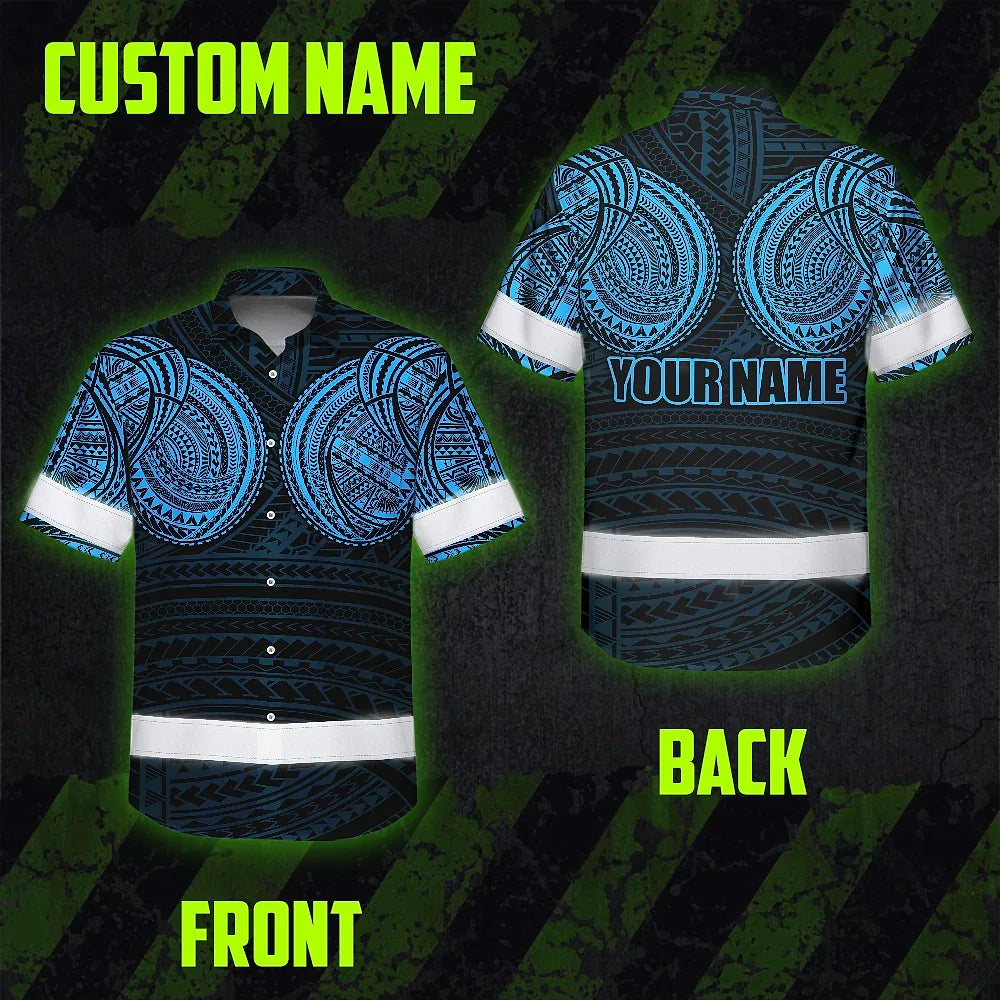 Hi Vis Hawaiian Shirt Reflective Tapes Blue Neon Polynesian Tribal Custom Name Safety Workwear For Workers, Truckers, Operators