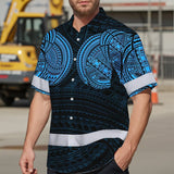 Hi Vis Hawaiian Shirt Reflective Tapes Blue Neon Polynesian Tribal Custom Name Safety Workwear For Workers, Truckers, Operators