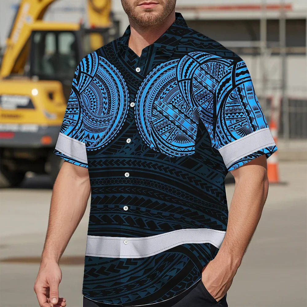 Hi Vis Hawaiian Shirt Reflective Tapes Blue Neon Polynesian Tribal Custom Name Safety Workwear For Workers, Truckers, Operators