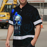 Hi Vis Hawaiian Shirt Reflective Tapes Blue Neon Skull Custom Name Safety Workwear For Workers, Truckers, Operators