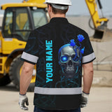 Hi Vis Hawaiian Shirt Reflective Tapes Blue Neon Skull Custom Name Safety Workwear For Workers, Truckers, Operators