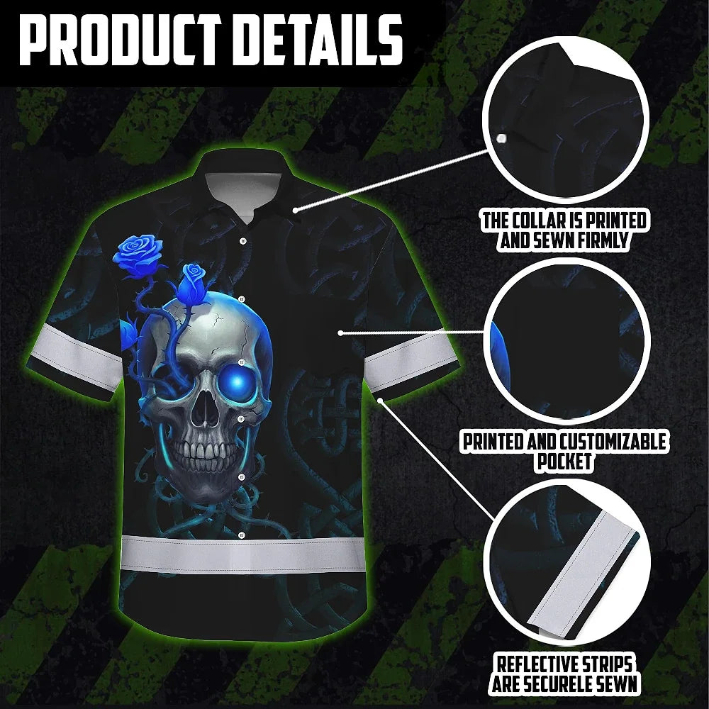 Hi Vis Hawaiian Shirt Reflective Tapes Blue Neon Skull Custom Name Safety Workwear For Workers, Truckers, Operators