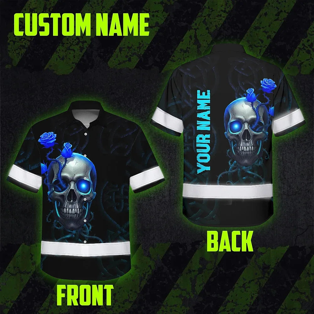 Hi Vis Hawaiian Shirt Reflective Tapes Blue Neon Skull Custom Name Safety Workwear For Workers, Truckers, Operators