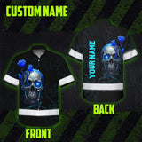 Hi Vis Hawaiian Shirt Reflective Tapes Blue Neon Skull Custom Name Safety Workwear For Workers, Truckers, Operators