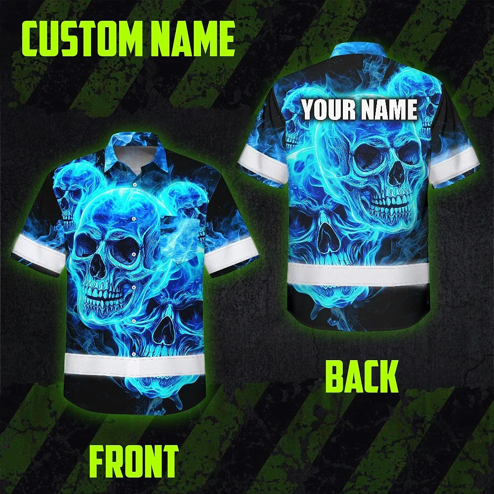 Hi Vis Hawaiian Shirt Reflective Tapes Blue Neon Skull Fire Custom Name Safety Workwear For Workers, Truckers, Operators