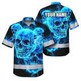 Hi Vis Hawaiian Shirt Reflective Tapes Blue Neon Skull Fire Custom Name Safety Workwear For Workers, Truckers, Operators