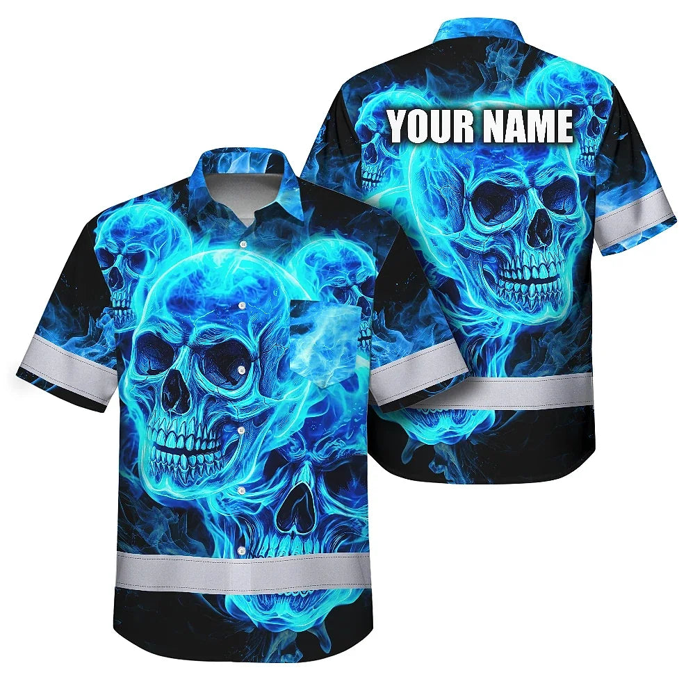 Hi Vis Hawaiian Shirt Reflective Tapes Blue Neon Skull Fire Custom Name Safety Workwear For Workers, Truckers, Operators