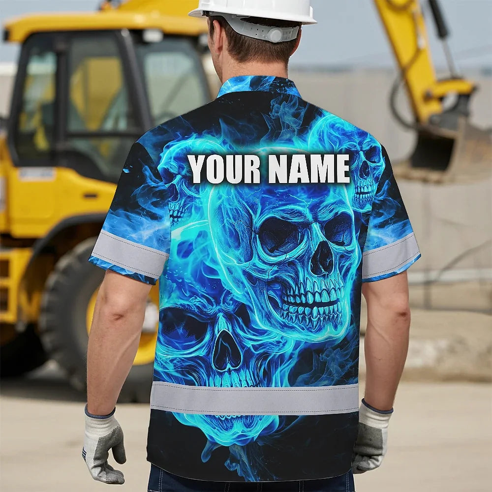 Hi Vis Hawaiian Shirt Reflective Tapes Blue Neon Skull Fire Custom Name Safety Workwear For Workers, Truckers, Operators