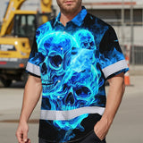 Hi Vis Hawaiian Shirt Reflective Tapes Blue Neon Skull Fire Custom Name Safety Workwear For Workers, Truckers, Operators
