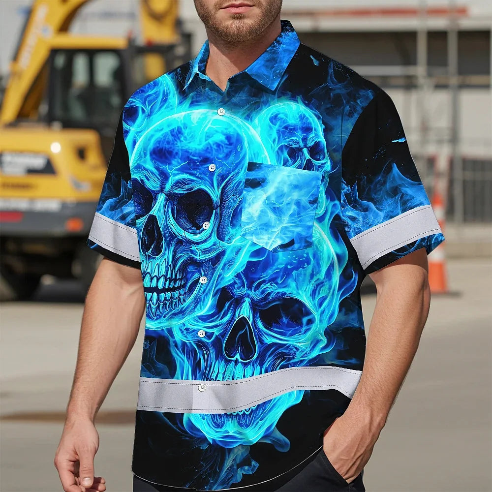 Hi Vis Hawaiian Shirt Reflective Tapes Blue Neon Skull Fire Custom Name Safety Workwear For Workers, Truckers, Operators