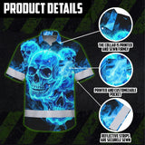 Hi Vis Hawaiian Shirt Reflective Tapes Blue Neon Skull Fire Custom Name Safety Workwear For Workers, Truckers, Operators