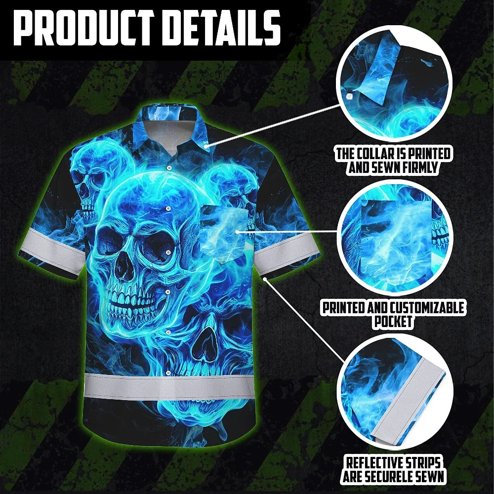Hi Vis Hawaiian Shirt Reflective Tapes Blue Neon Skull Fire Custom Name Safety Workwear For Workers, Truckers, Operators