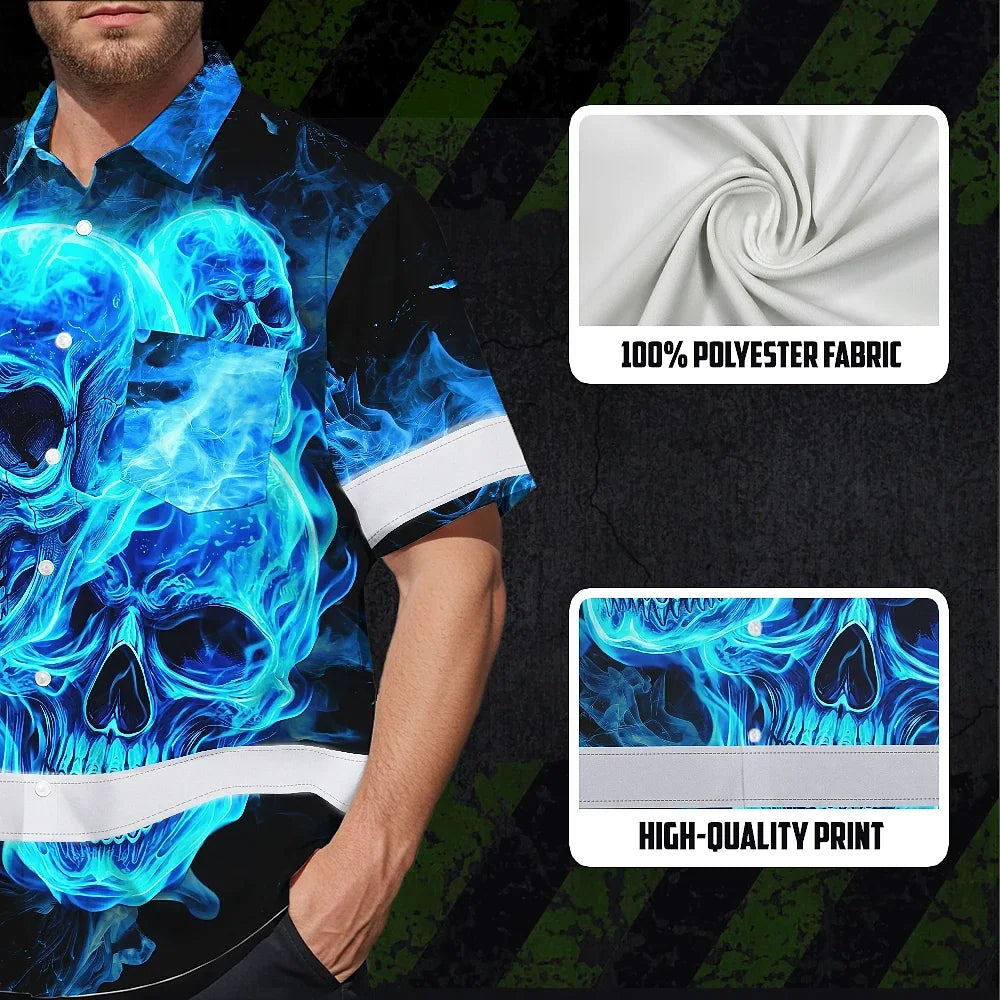 Hi Vis Hawaiian Shirt Reflective Tapes Blue Neon Skull Fire Custom Name Safety Workwear For Workers, Truckers, Operators