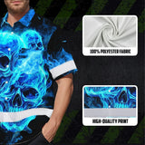 Hi Vis Hawaiian Shirt Reflective Tapes Blue Neon Skull Fire Custom Name Safety Workwear For Workers, Truckers, Operators