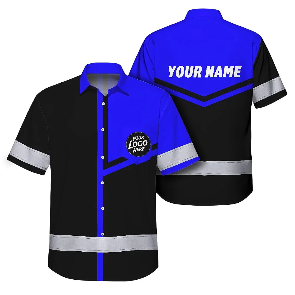 Hi Vis Hawaiian Shirt Reflective Tapes Blue Neon Uniform Custom Name And Logo