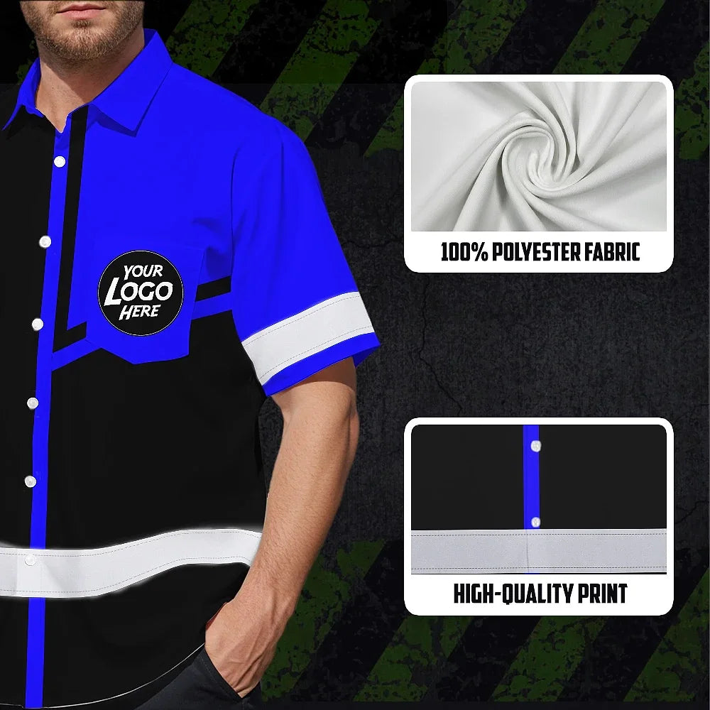 Hi Vis Hawaiian Shirt Reflective Tapes Blue Neon Uniform Custom Name And Logo