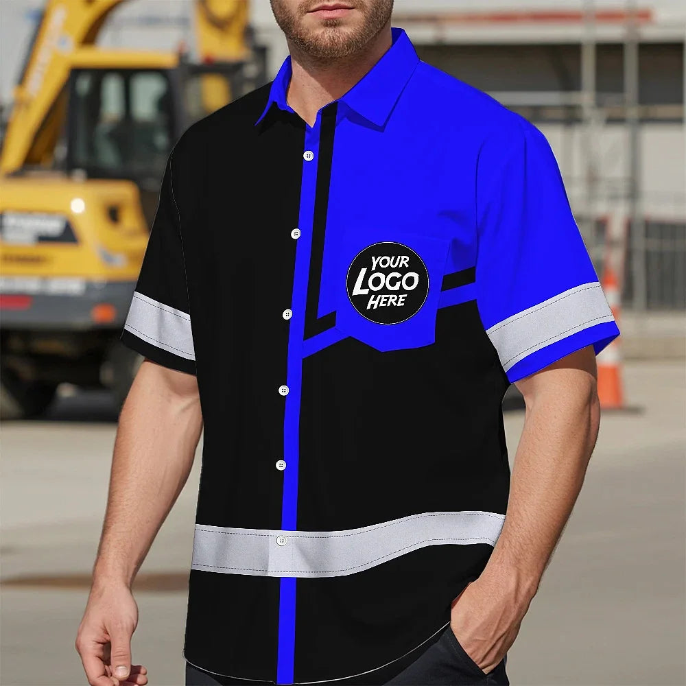 Hi Vis Hawaiian Shirt Reflective Tapes Blue Neon Uniform Custom Name And Logo