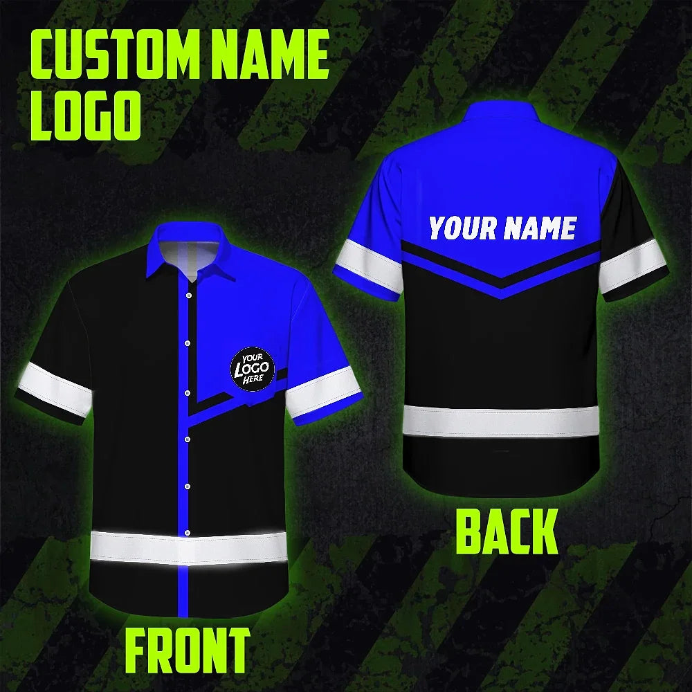 Hi Vis Hawaiian Shirt Reflective Tapes Blue Neon Uniform Custom Name And Logo
