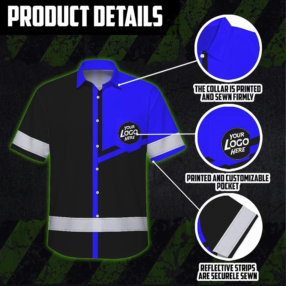 Hi Vis Hawaiian Shirt Reflective Tapes Blue Neon Uniform Custom Name And Logo