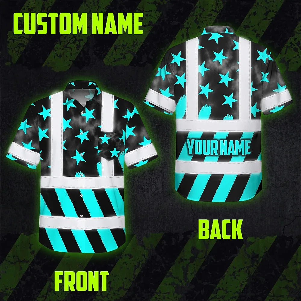 Hi Vis Hawaiian Shirt Reflective Tapes Blue Neon US Flag Custom Name Safety Workwear For Workers, Truckers, Operators