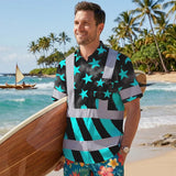 Hi Vis Hawaiian Shirt Reflective Tapes Blue Neon US Flag Custom Name Safety Workwear For Workers, Truckers, Operators