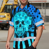 Hi Vis Hawaiian Shirt Reflective Tapes Blue Neon US Flag Custom Name Safety Workwear For Workers, Truckers, Operators