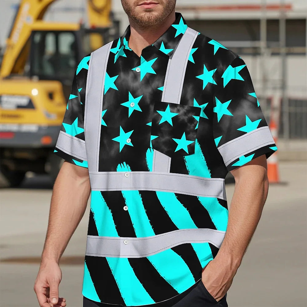 Hi Vis Hawaiian Shirt Reflective Tapes Blue Neon US Flag Custom Name Safety Workwear For Workers, Truckers, Operators