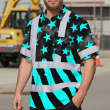 Hi Vis Hawaiian Shirt Reflective Tapes Blue Neon US Flag Custom Name Safety Workwear For Workers, Truckers, Operators