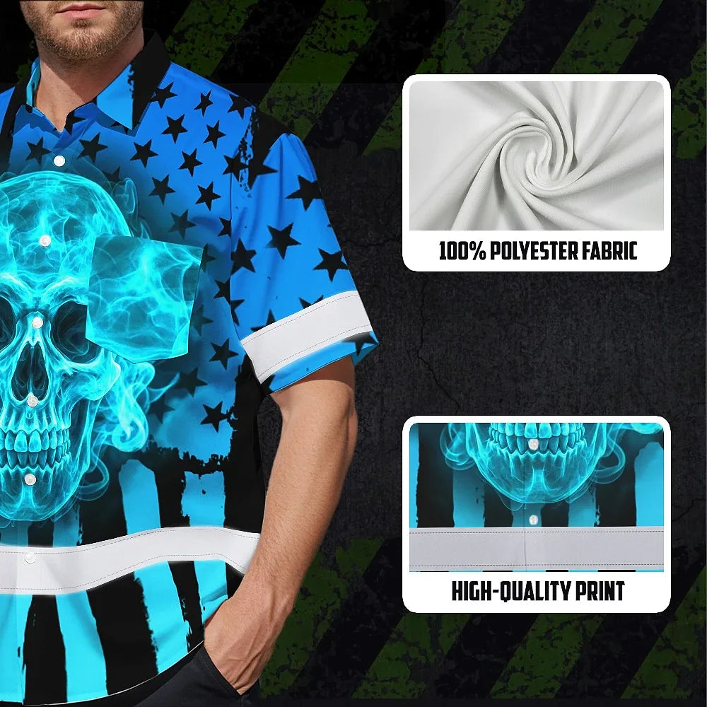 Hi Vis Hawaiian Shirt Reflective Tapes Blue Neon US Flag Custom Name Safety Workwear For Workers, Truckers, Operators