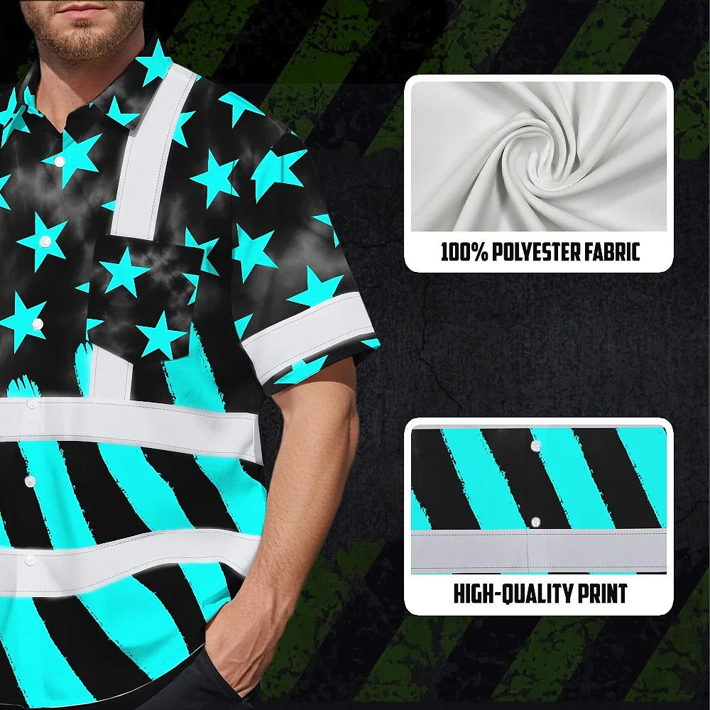 Hi Vis Hawaiian Shirt Reflective Tapes Blue Neon US Flag Custom Name Safety Workwear For Workers, Truckers, Operators