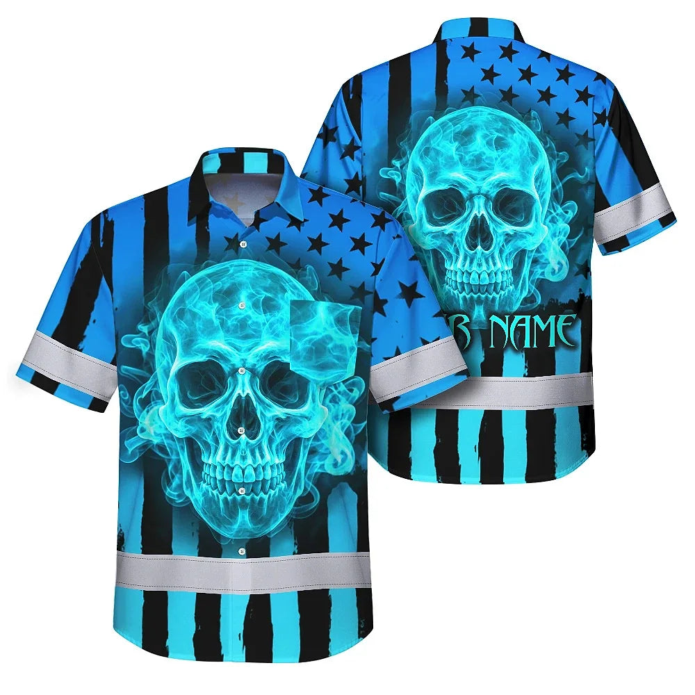Hi Vis Hawaiian Shirt Reflective Tapes Blue Neon US Flag Custom Name Safety Workwear For Workers, Truckers, Operators